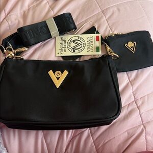 Valentino Orlandi Black Shoulder Bag with Gold V Logo and Coin Pouch NWT
